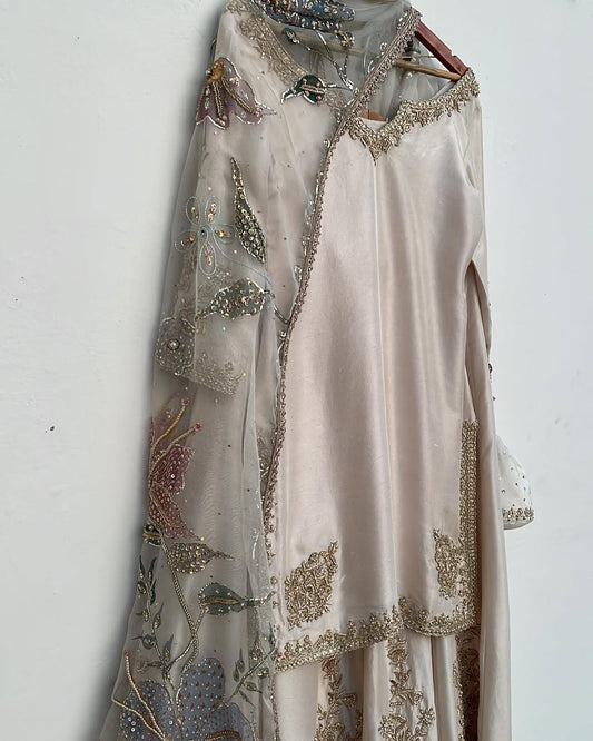 Exclusive Cream Color Organza Satin Hand Work Sharara Suit With Dupatta