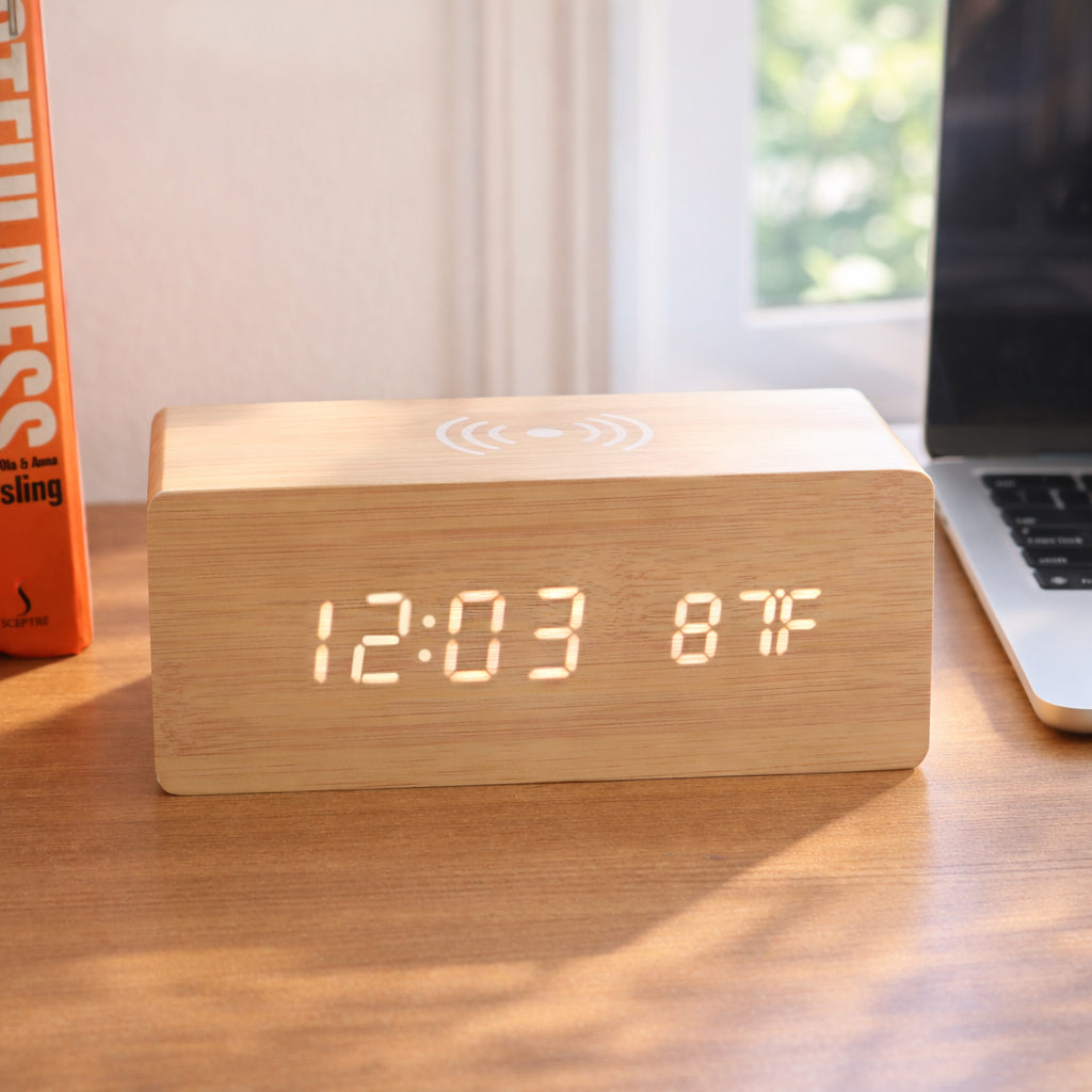Wooden Digital Alarm Clock with Wireless Charging