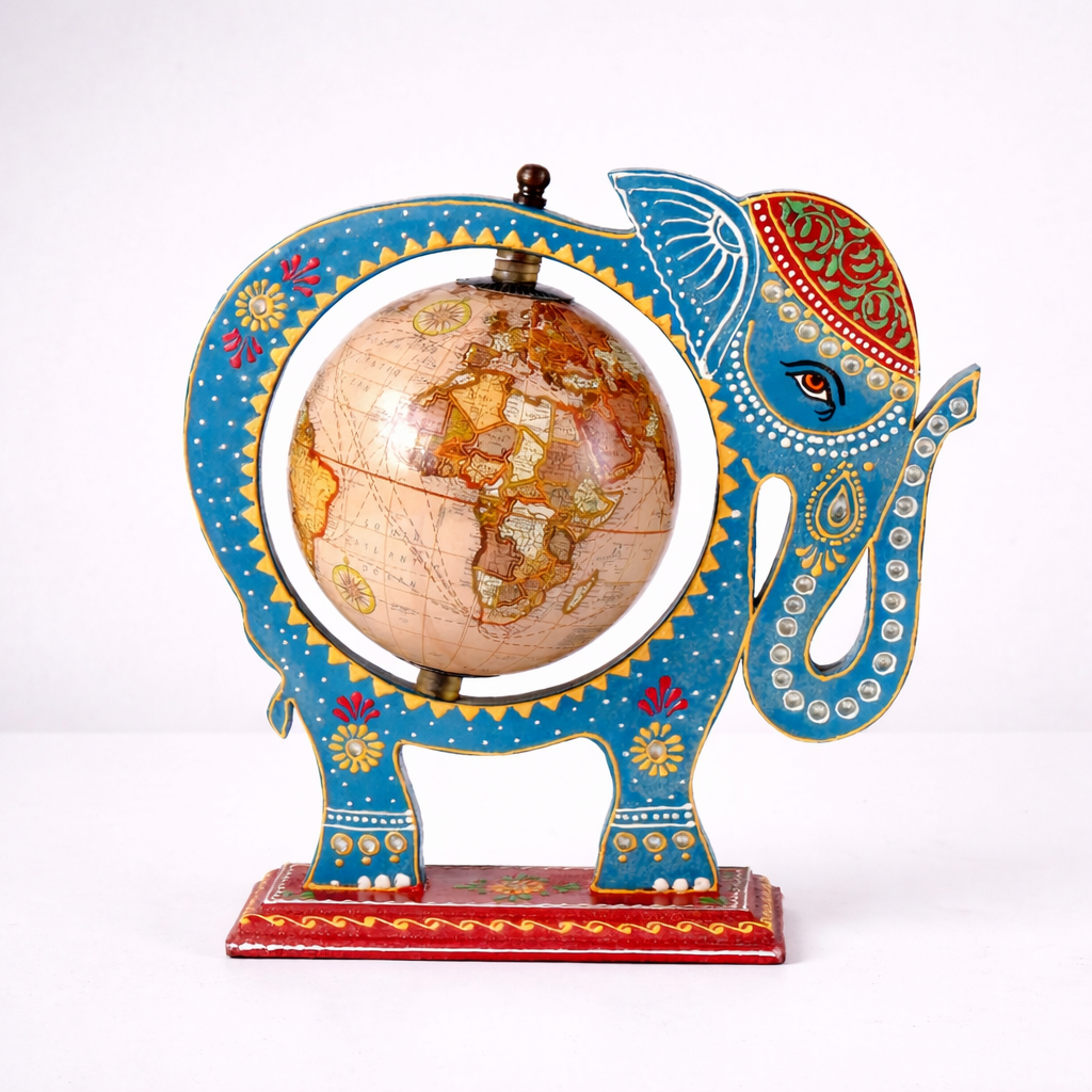 Blue Wooden Elephant Globe Showpiece