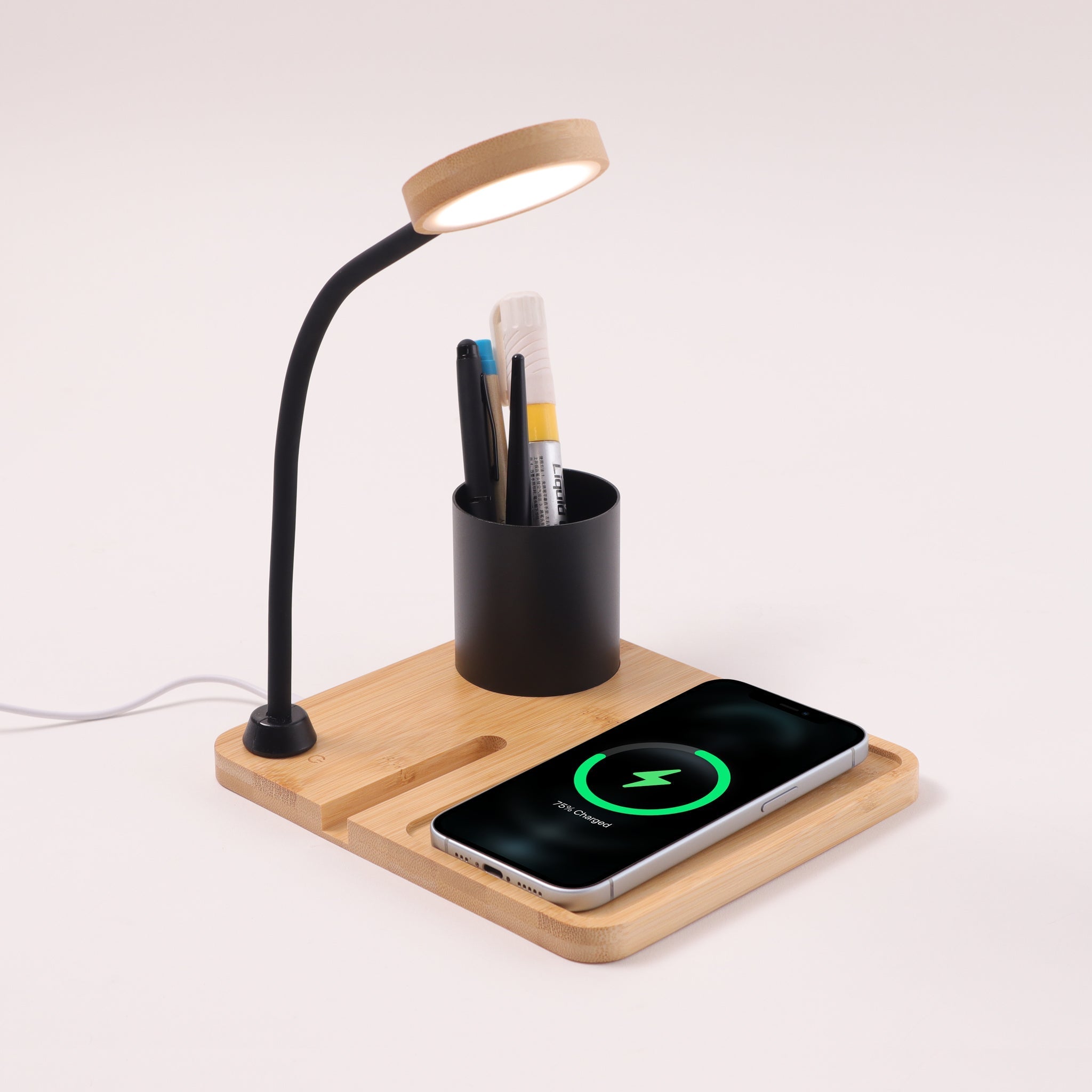 WoodWave 15W Wireless Charger, LED Lamp, Metal Pen Holder & Phone Stand